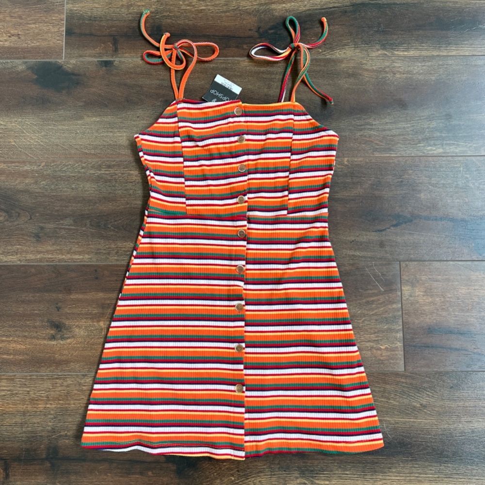 Topshop Striped Tie Strap Mini Dress Button Front Ribbed Sun Dress Size US 6